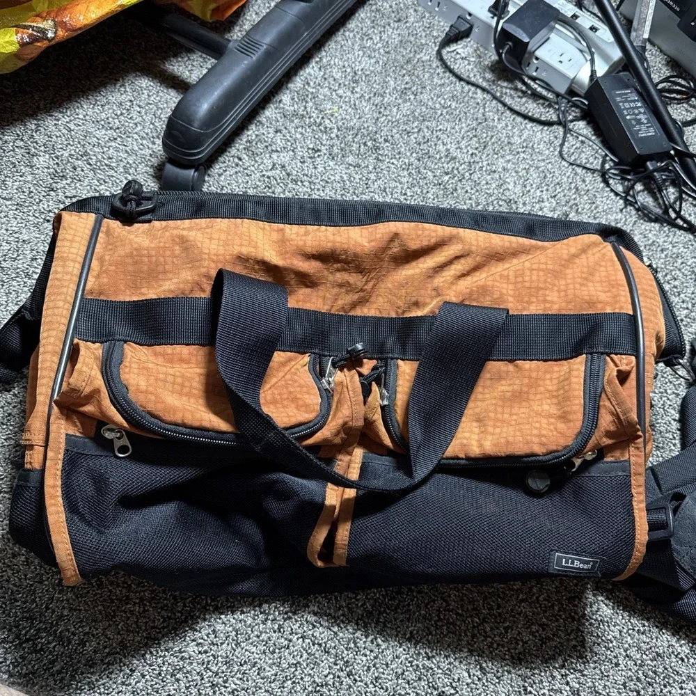 LL BEAN Large Orange Duffle Bag Canvas Adjustable Carrying Strap Camping Travel